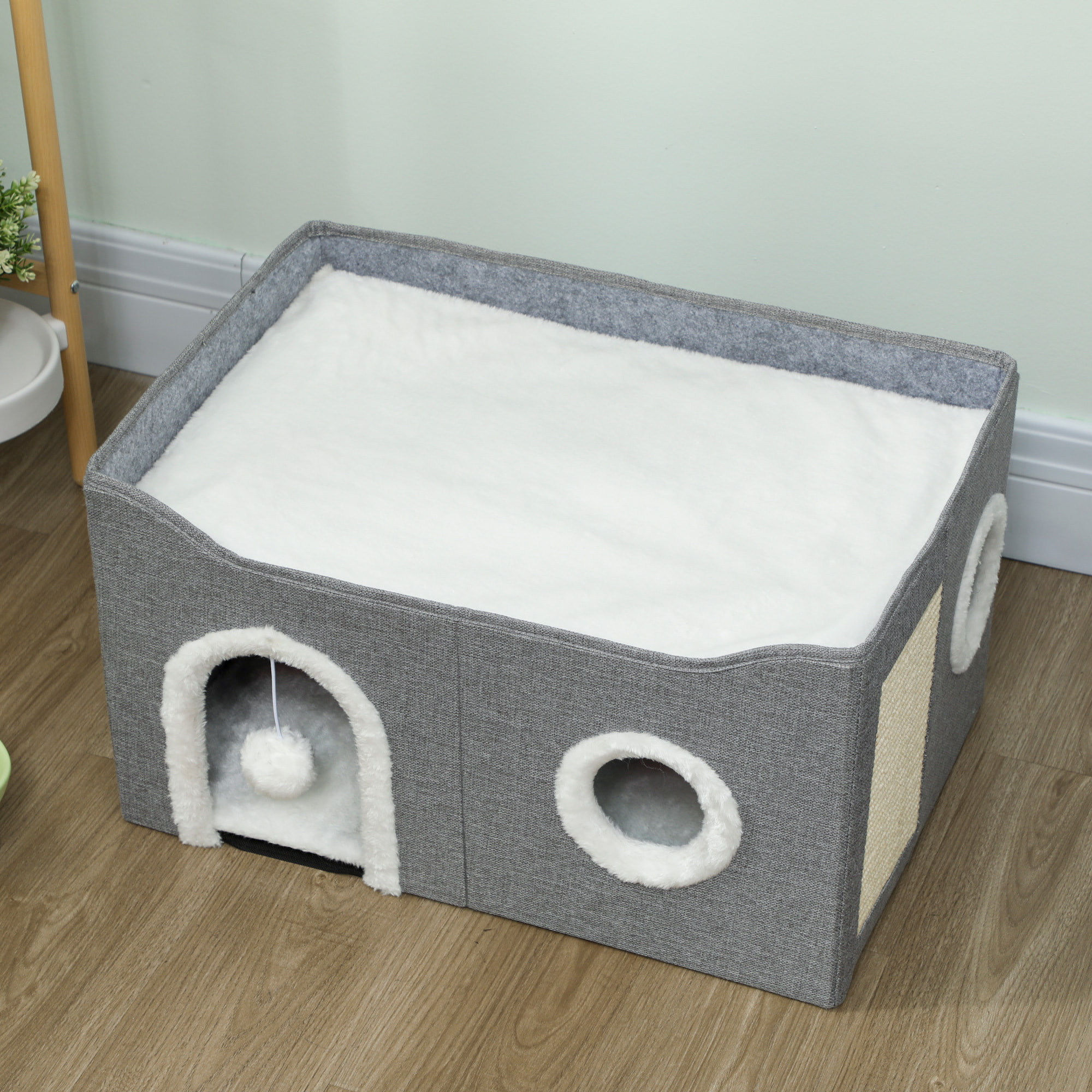 Casa para Gatos Plegable, Cama para Gatos con Rascador, 3 Entradas, Bola Colgante, Cojín Reversible en Felpa y Tipo Lino, para Interior, 60x40X34 cm, Gris