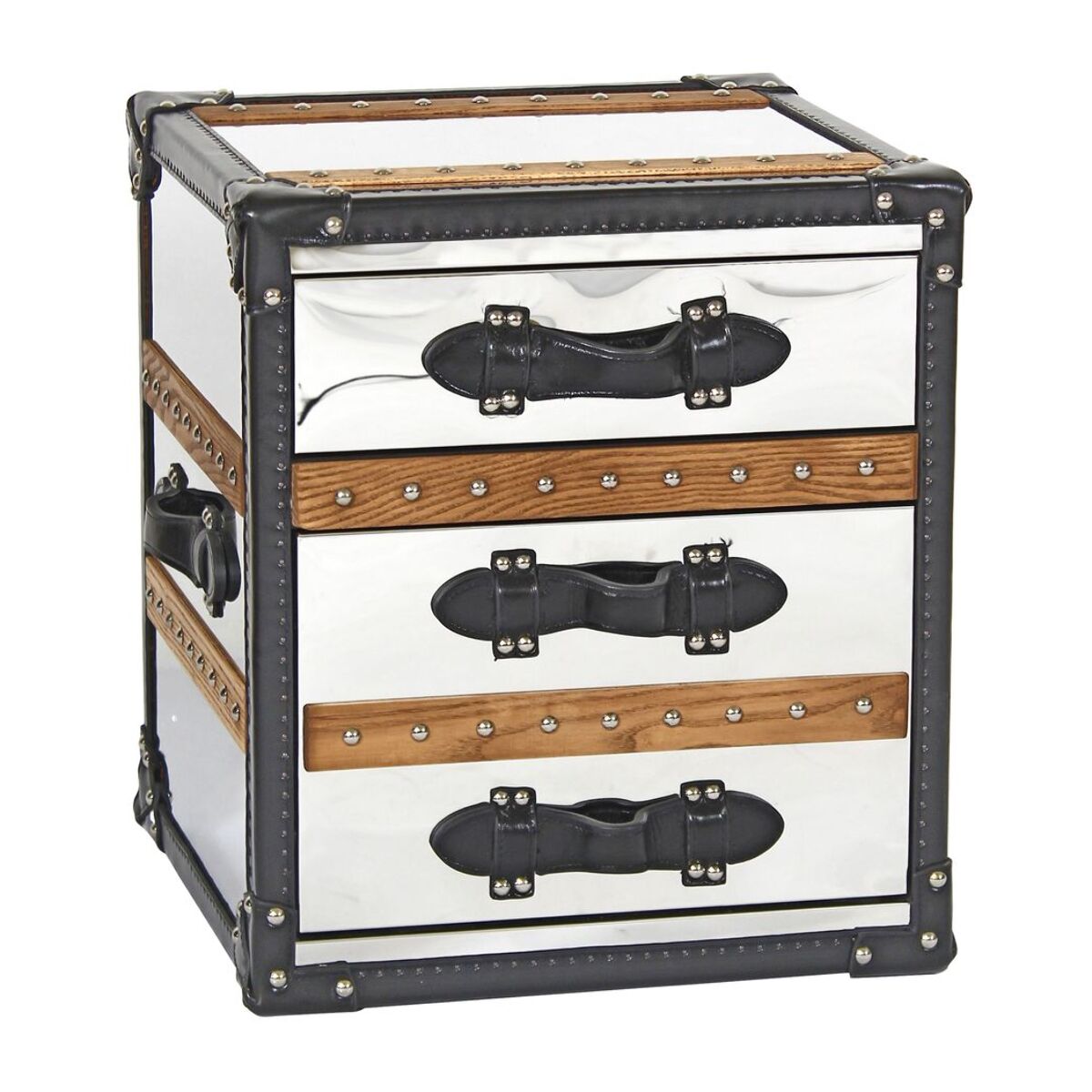 Meuble d'appoint 3 tiroirs en acier inoxydable et cuir