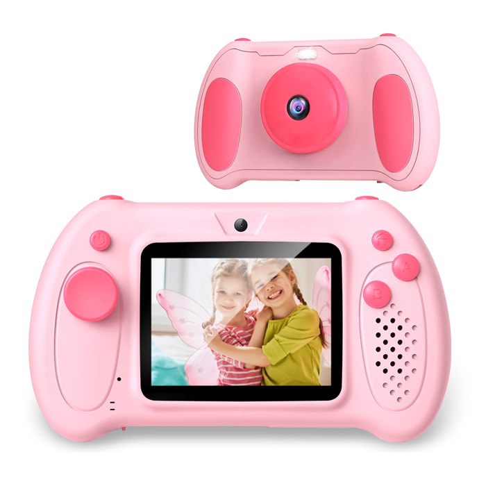 DAM Cámara de fotos y video infantil con juegos incorporados. Cámara dual, 48mpx y videoFull HD. Pantalla de 2,4 pulgadas. 12,5x3,5x7,5 Cm. Color: Rosa