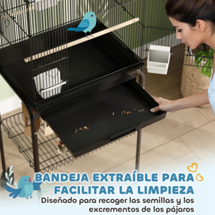 Jaula para Pájaros con Ruedas Pajarera de Acero con Comederos Perchas Columpio y Bandeja Extraíble Jaula Grande para Loros Canario Periquito 50,5x41x163 cm Negro