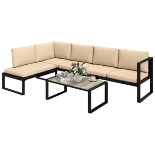 Conjunto de Jardín Exterior de 4 Piezas, Muebles Jardín Exterior con 2 Sofás de 2 Plazas, 1 Sillón sin Brazos y Mesa de Centro, Conjunto de Sofá con Estructura de Acero y Cojines, Caqui