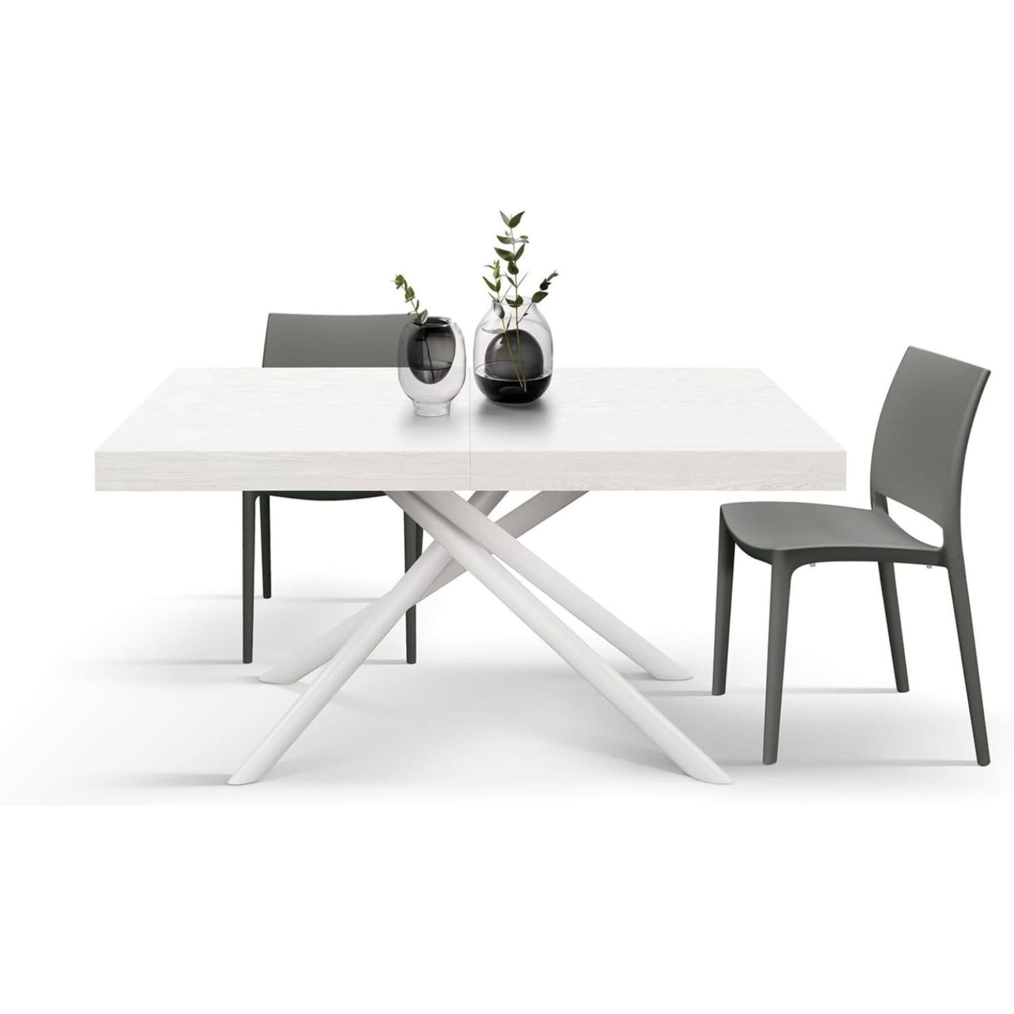 Tavolo CARRARA in legno, finitura bianco frassinato e base in metallo verniciato bianco, allungabile 180×90 cm – 260×90 cm