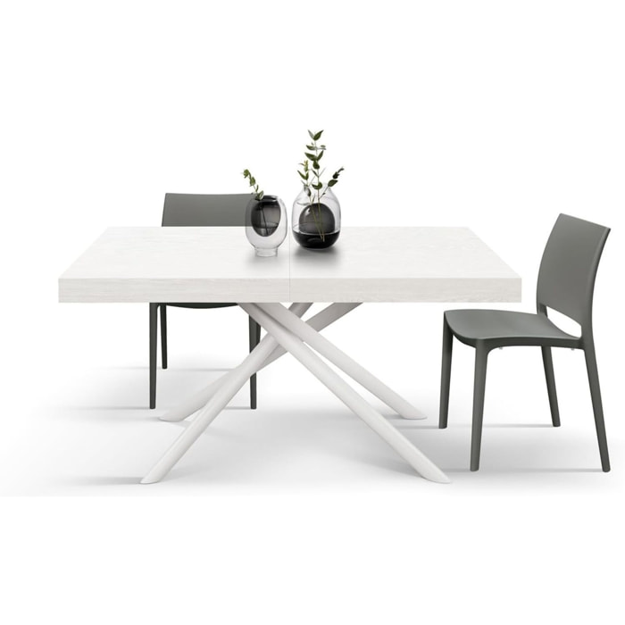 Tavolo CARRARA in legno, finitura bianco frassinato e base in metallo verniciato bianco, allungabile 180×90 cm – 260×90 cm