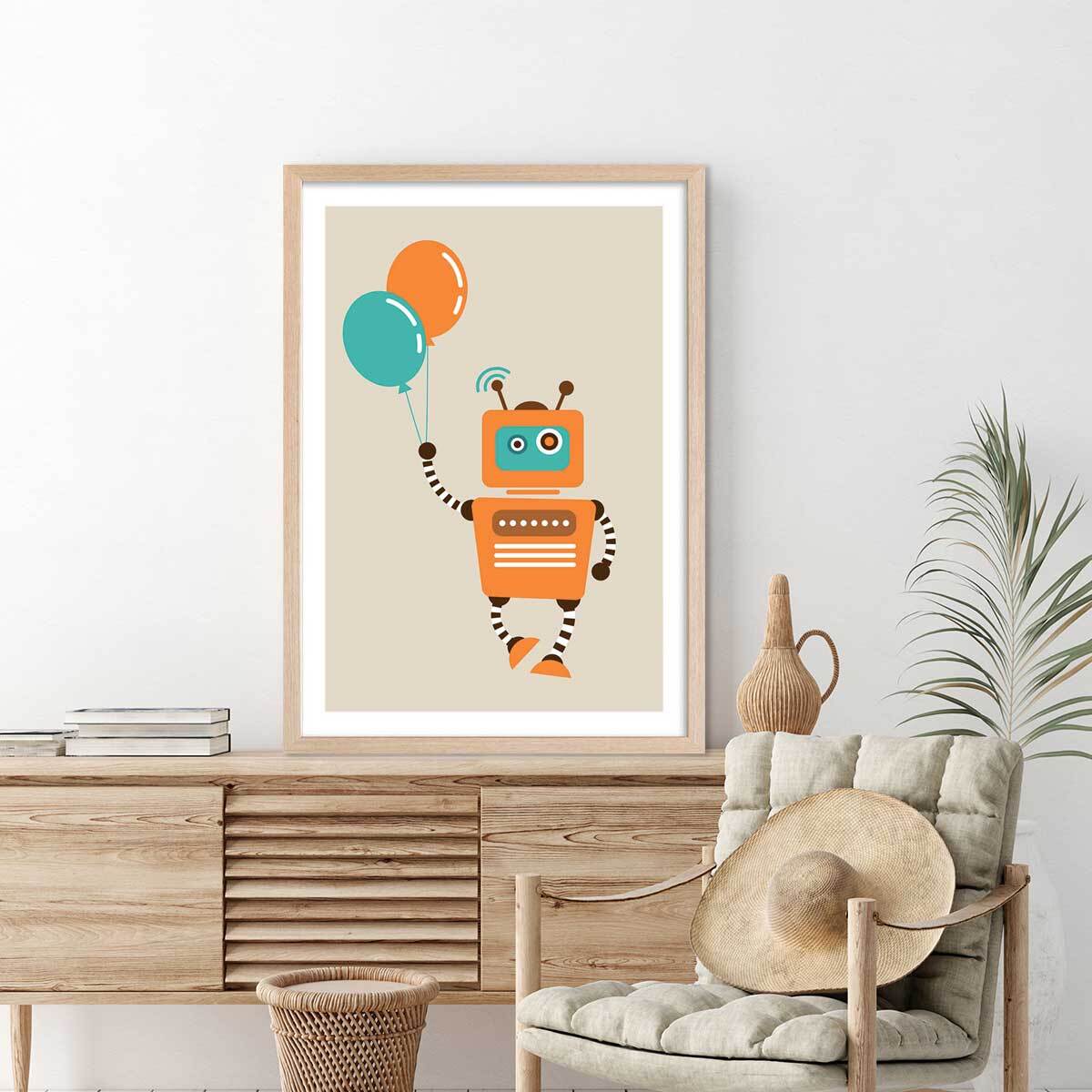 Affiche robot aux ballons Affiche + cadre en bois - Chêne