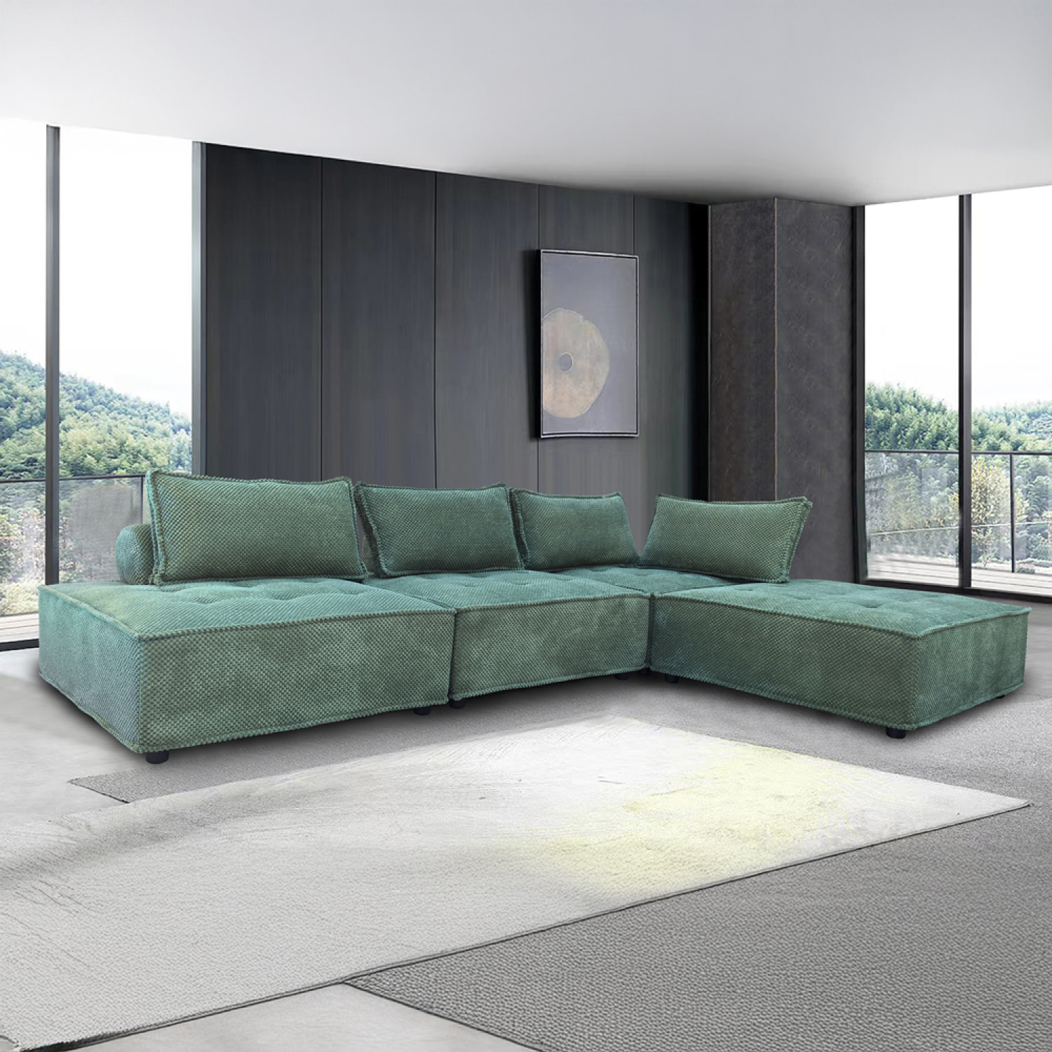 ALEXANDRIE Canapé d'angle modulable 4 places en velours texturé vert