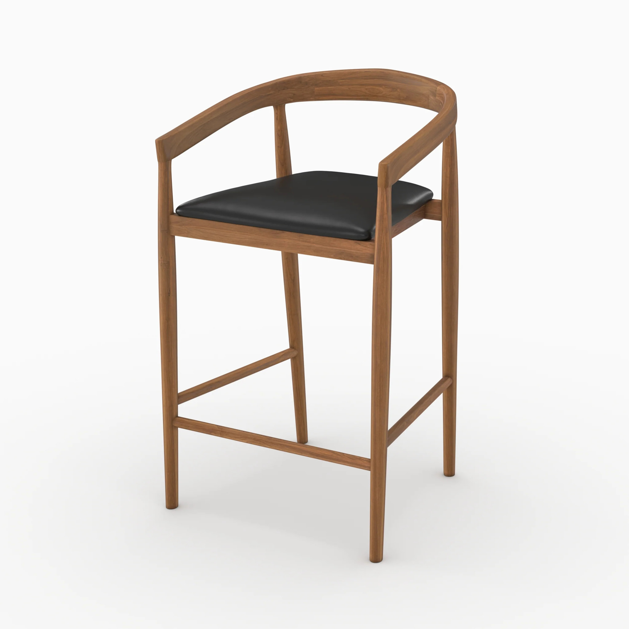 Lot de 2 chaises de bar 77 cm en teck vernis et assise en cuir noir - Bali