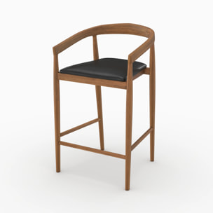 Lot de 2 chaises de bar 77 cm en teck vernis et assise en cuir noir - Bali