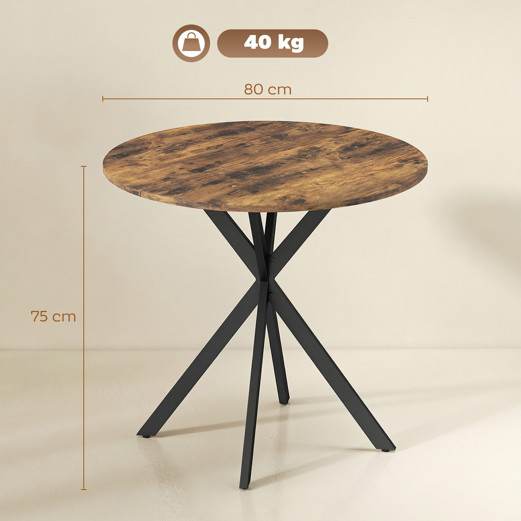 Table ronde style industriel bois métal 2 pers. dia. 80 cm vieilli