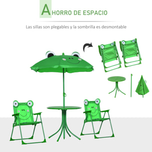 Set de Mesa y Sillas Infantil de Jardín Conjunto de Picnic Plegable para Niños Juego de Mesa con Sombrilla Ajustable en Altura de 100-125 cm Diseño de Rana Verde