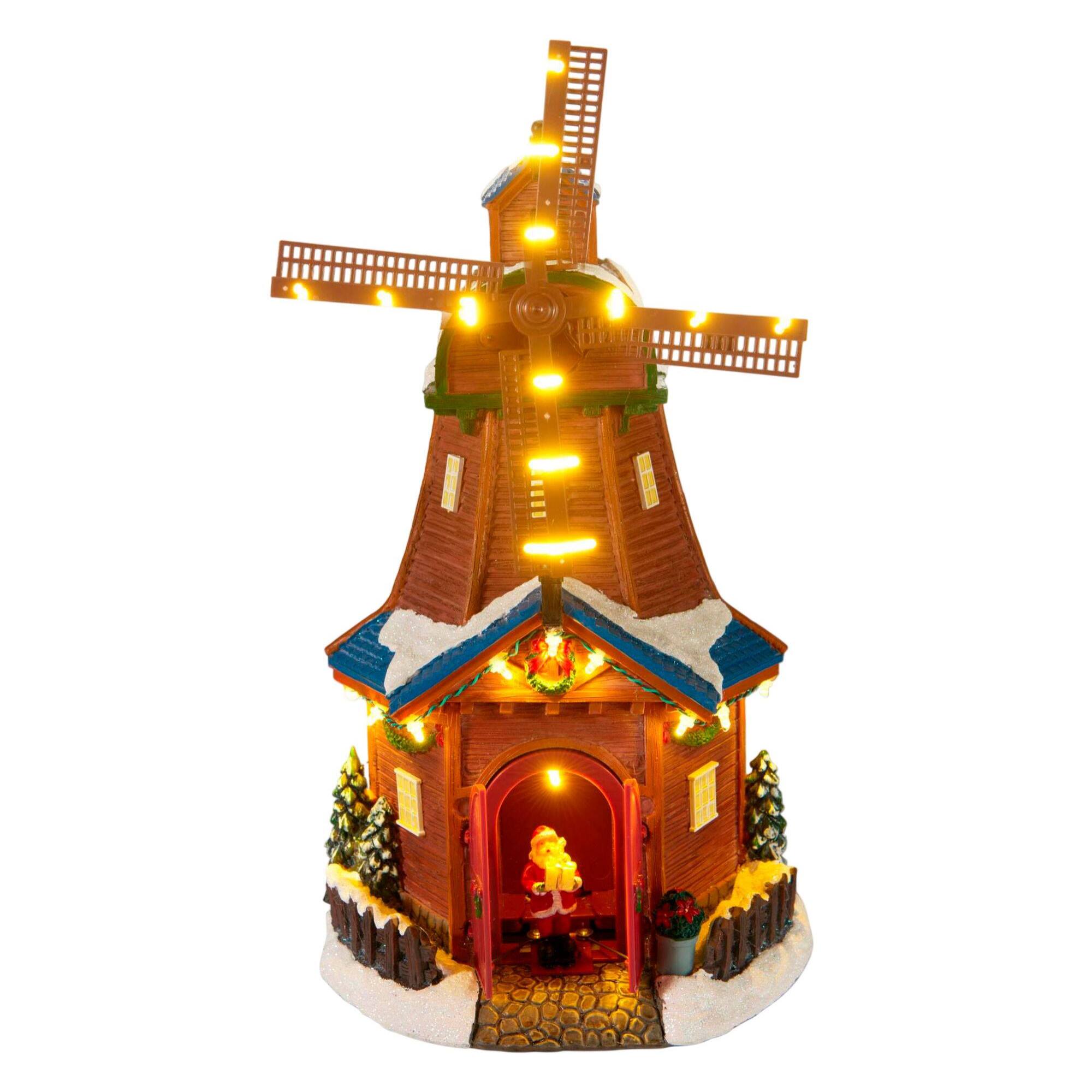 Molino de viento navideño con luces led blanco cálido, movimiento y música, usb o pilas 20x18,5x35,5 cm