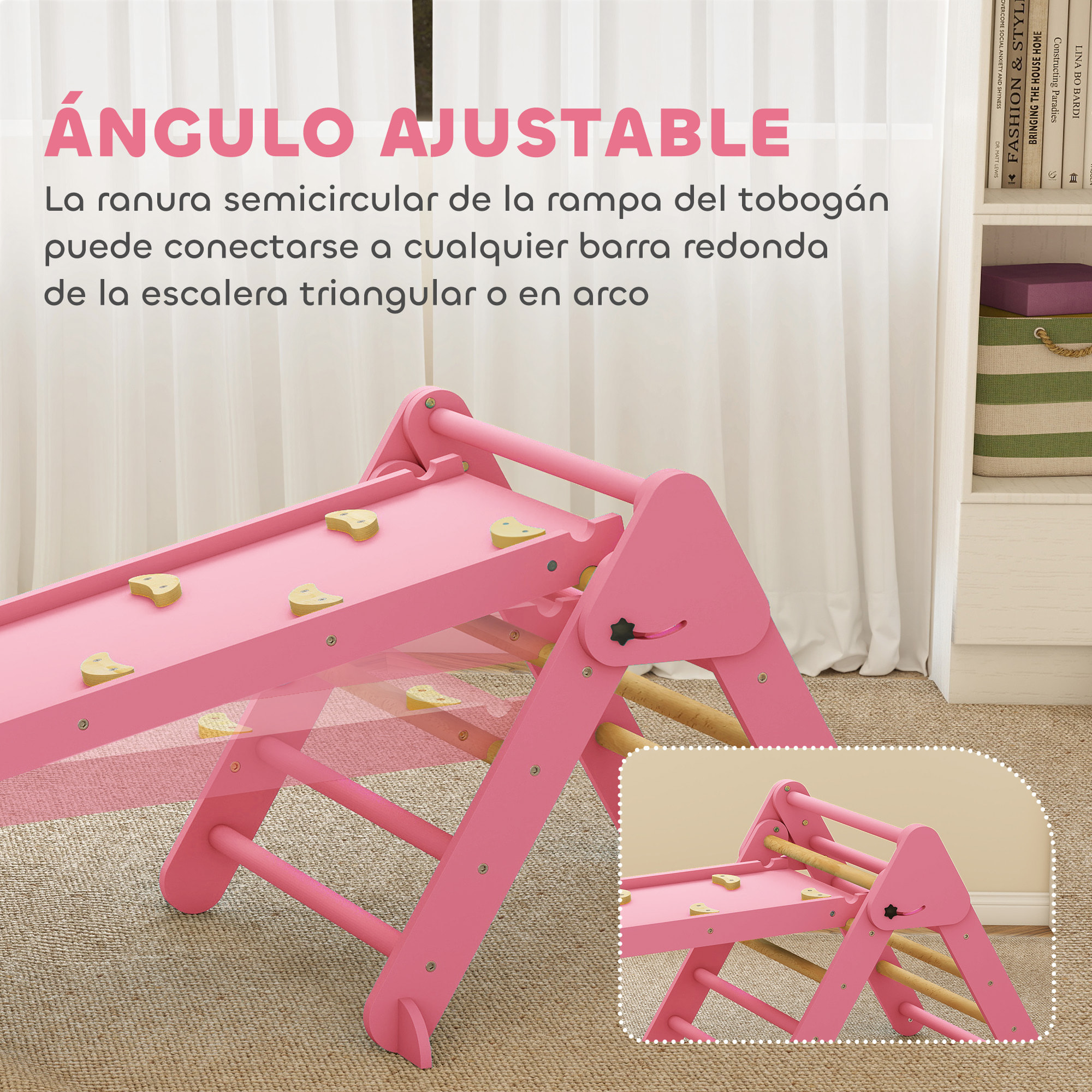 7 en 1 Triángulo de Escalada Montessori con Arco y Rampa, Escalada para Niños de Madera Plegable, para 18-48 Meses, para Deslizarse o Escalar, 188x70 cm, Rosa