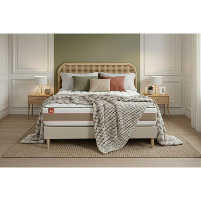 Ensemble Matelas Le Délicat - 26cm - Ressorts ensachés et mémoire de forme - Technologie hybride, fabrication responsable. - Sommier Tapissier Beige