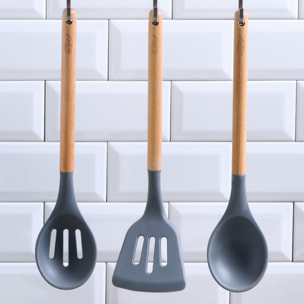 Set 5pc sartenes (con tapa) aluminio prensado inducción con set 3pc utensilios de cocina silicona madera