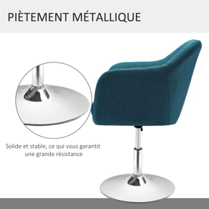 Fauteuil lounge design grand confort coussins lombaires hauteur réglable pivotant 360° piètement métal chromé lin bleu canard