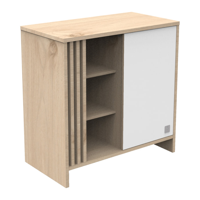 Commode 1 porte colorée et 3 niches avec claustra en bois décor chêne Suave