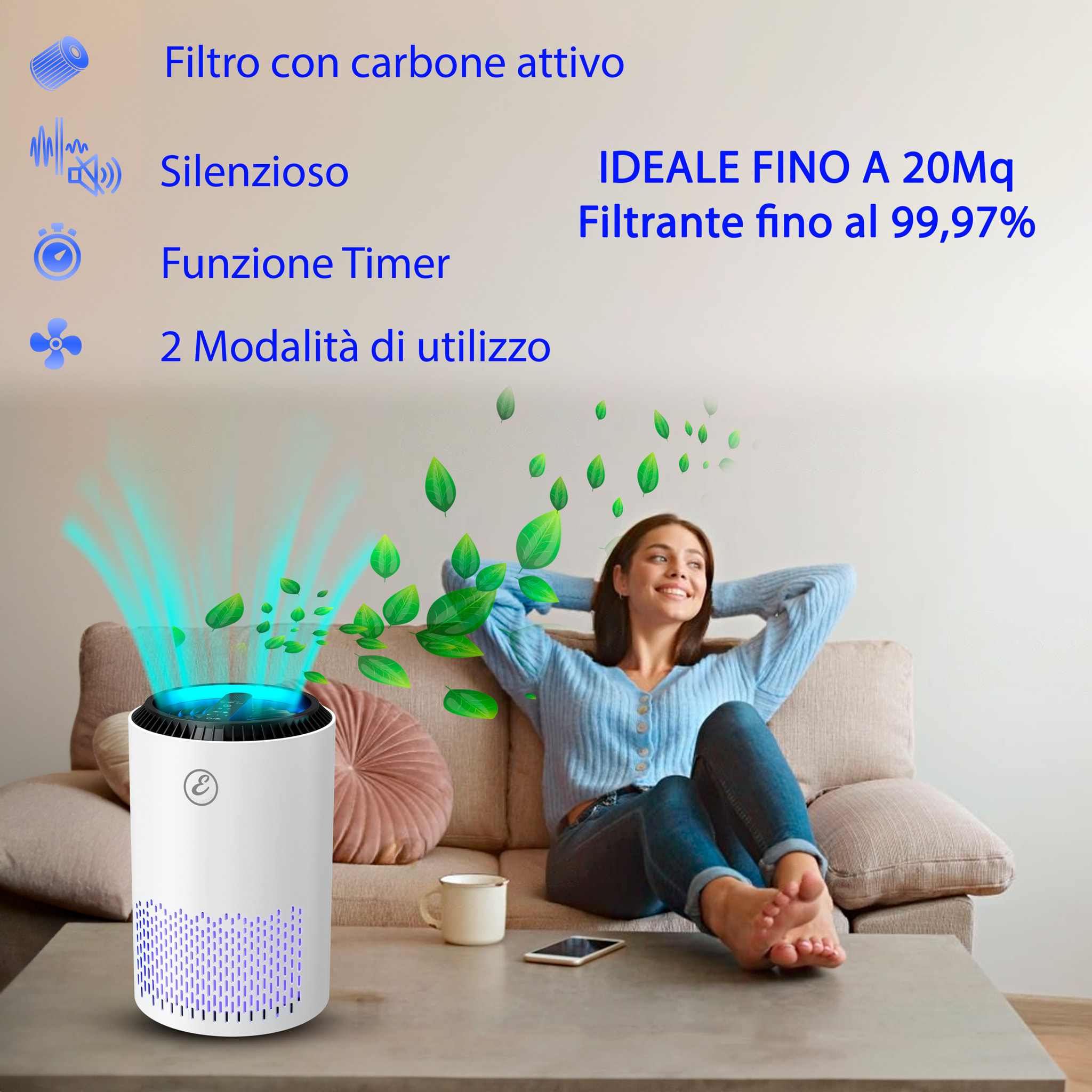 Purificatore Aria Portatile Air Purifier Filtro Hepa H13 22 Watt Elimina Odori Pollini Polvere Con Timer Camera Letto Soggiorno Bagno Ufficio 20 Mq