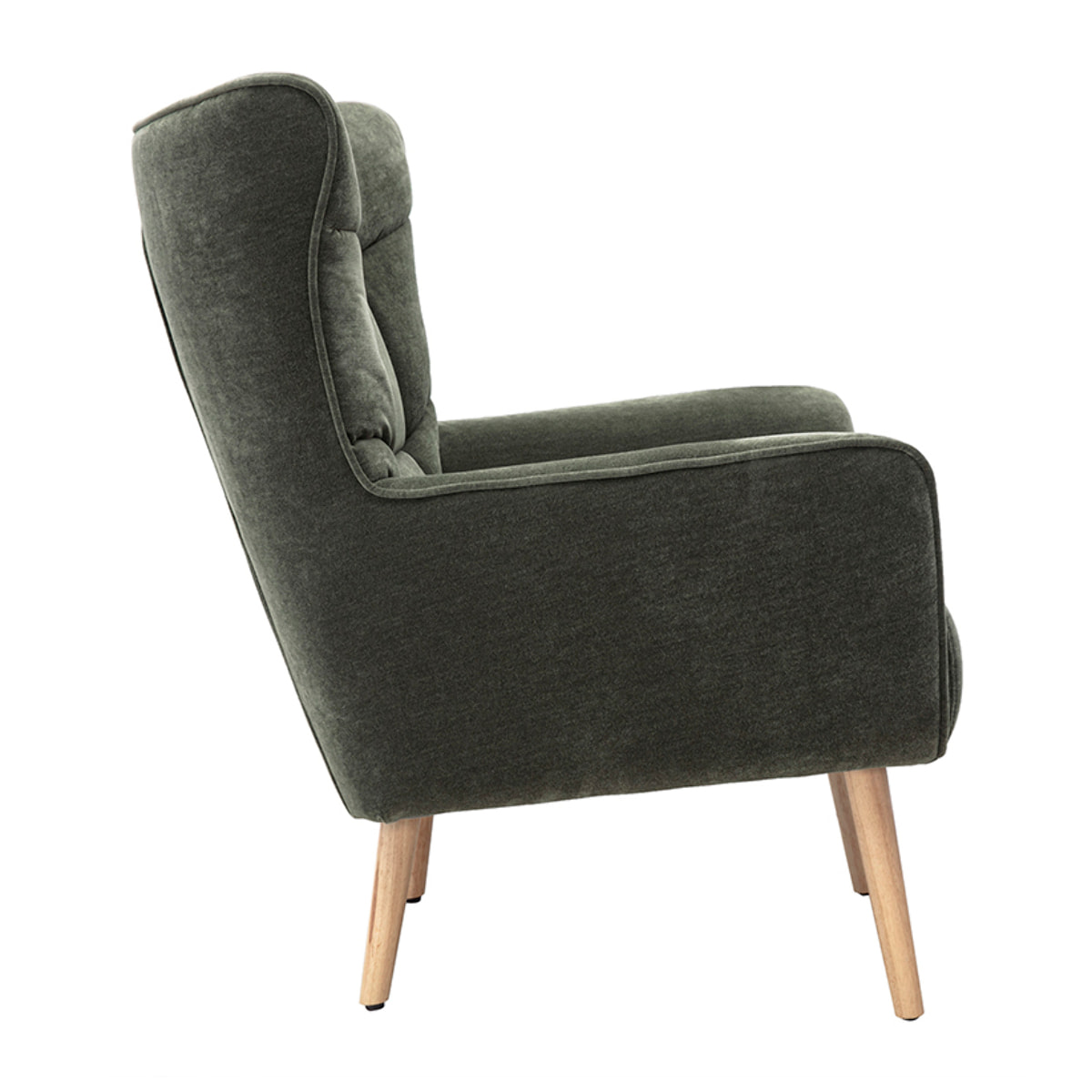 Fauteuil scandinave en tissu effet velours vert kaki et bois clair AVERY