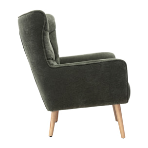 Fauteuil scandinave en tissu effet velours vert kaki et bois clair AVERY