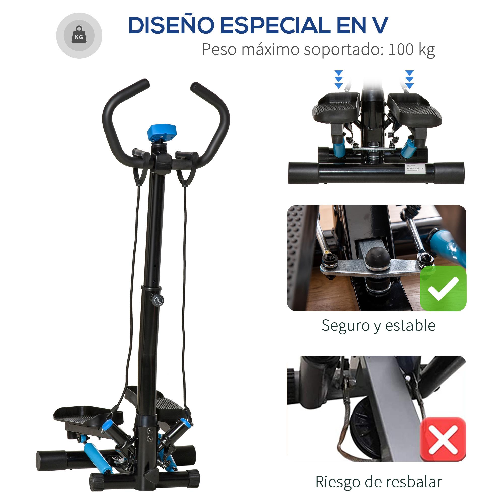 Máquina de Step Stepper Fitness con Manillar Altura Ajustable Pantalla LCD Cintas y Pedales Antideslizantes Equipo de Ejercicio para Gimnasio en Casa 55x53x118-128 cm Negro