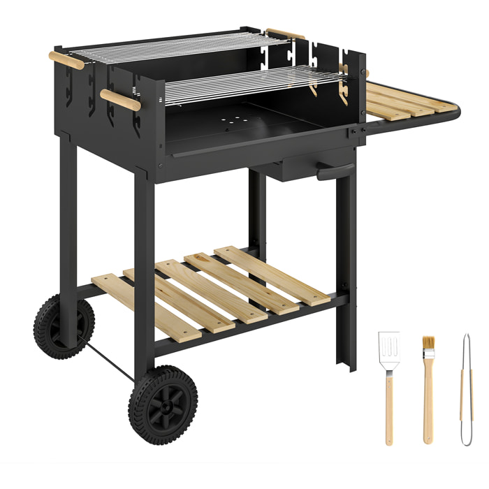 Barbecue charbon 2 grilles réglables 2 étagères roues