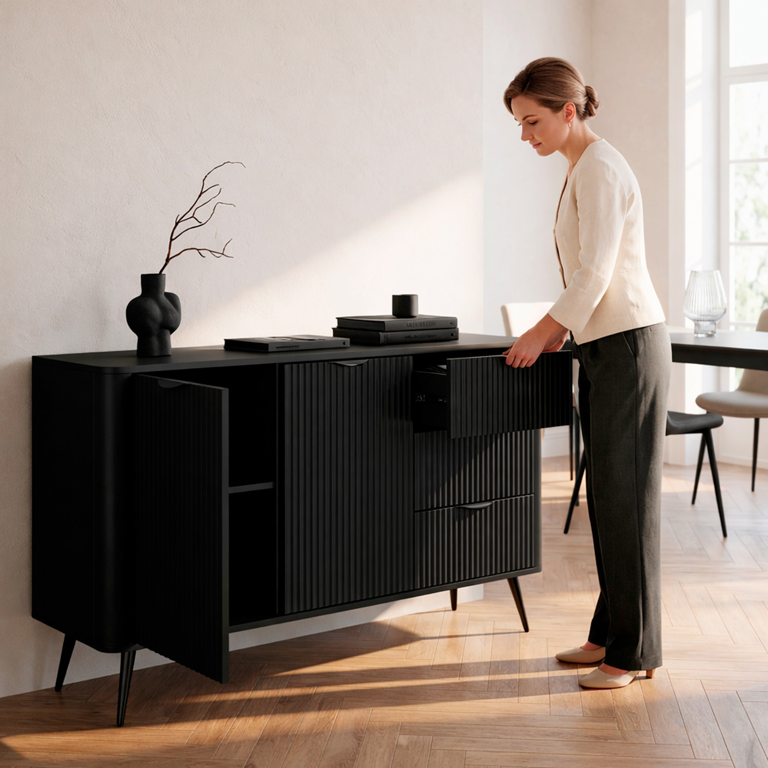 Madia Soggiorno Con 2 Ante e 3 Cassetti Credenza Salvaspazio Design Moderno Elegante Per Soggiorno Camera Con Piedini Slanciati 163 x 81 x 38 Cm Nero