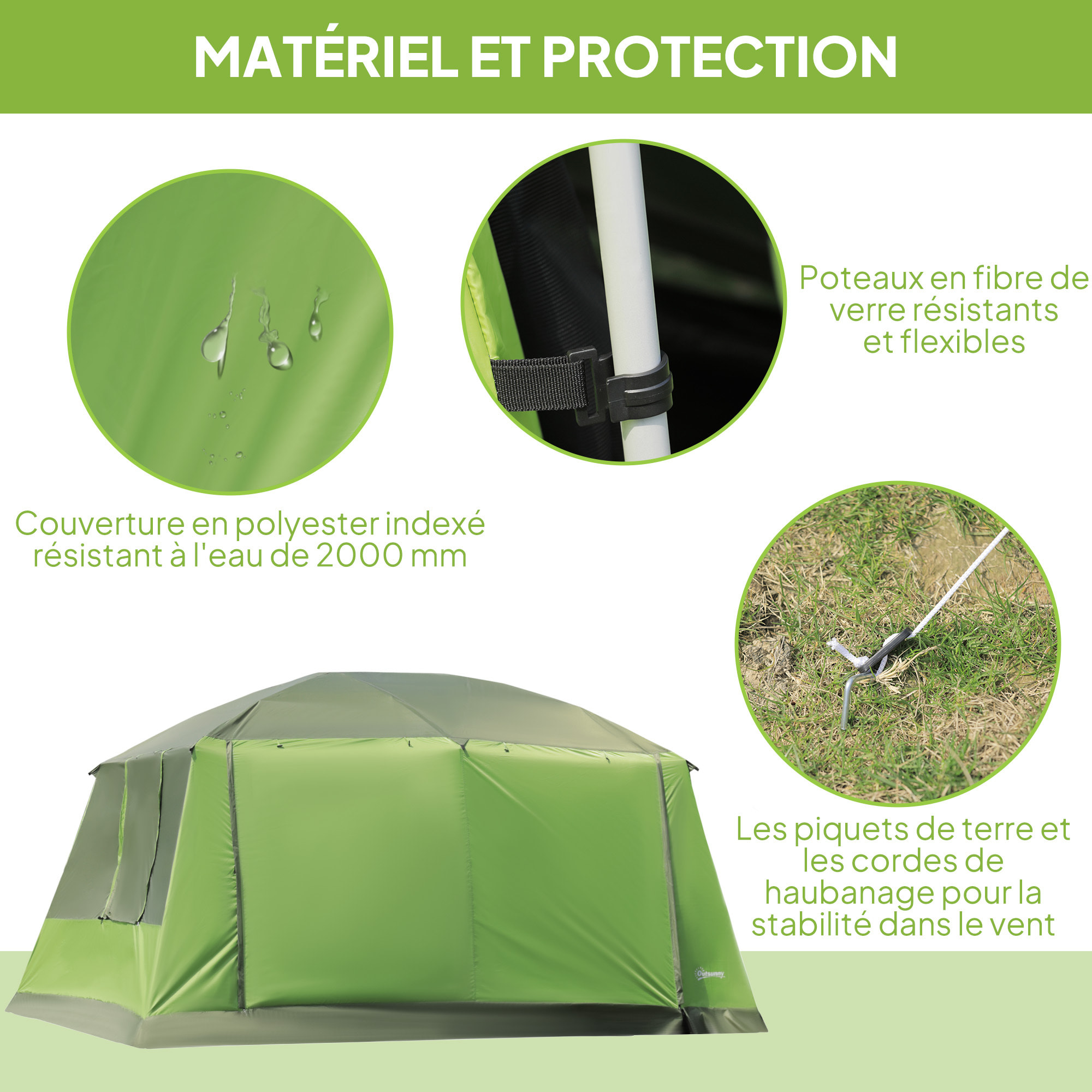 Tente de camping familiale avec porche 4 à 8 personnes sac de transport inclus vert