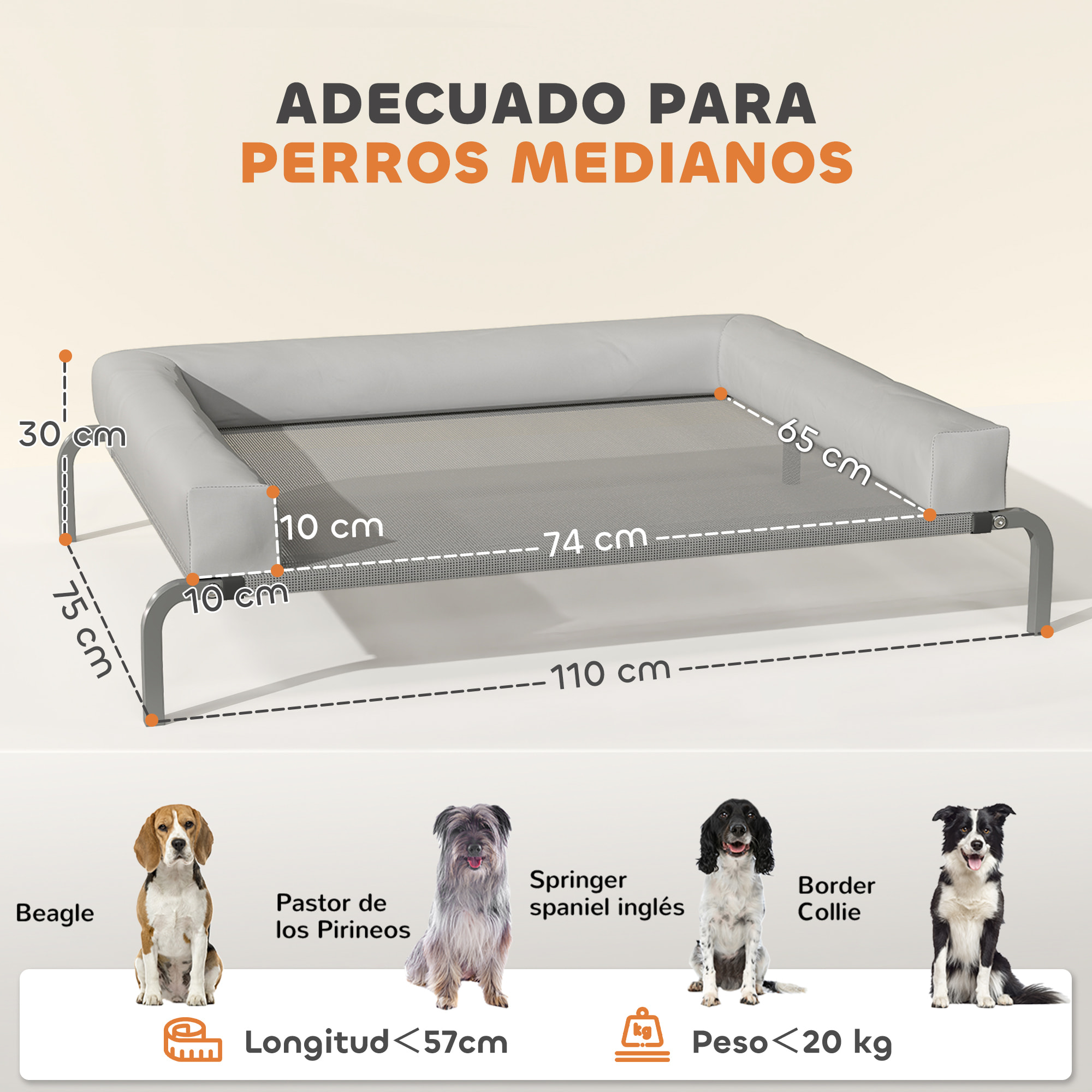 Cama Elevada para Perros Refrescante con Refuerzos Extraíbles Cama Elevada para Perros Medianos Portátil con Malla Transpirable Marco de Acero para Interior Exterior 110x75x30 cm Gris Claro