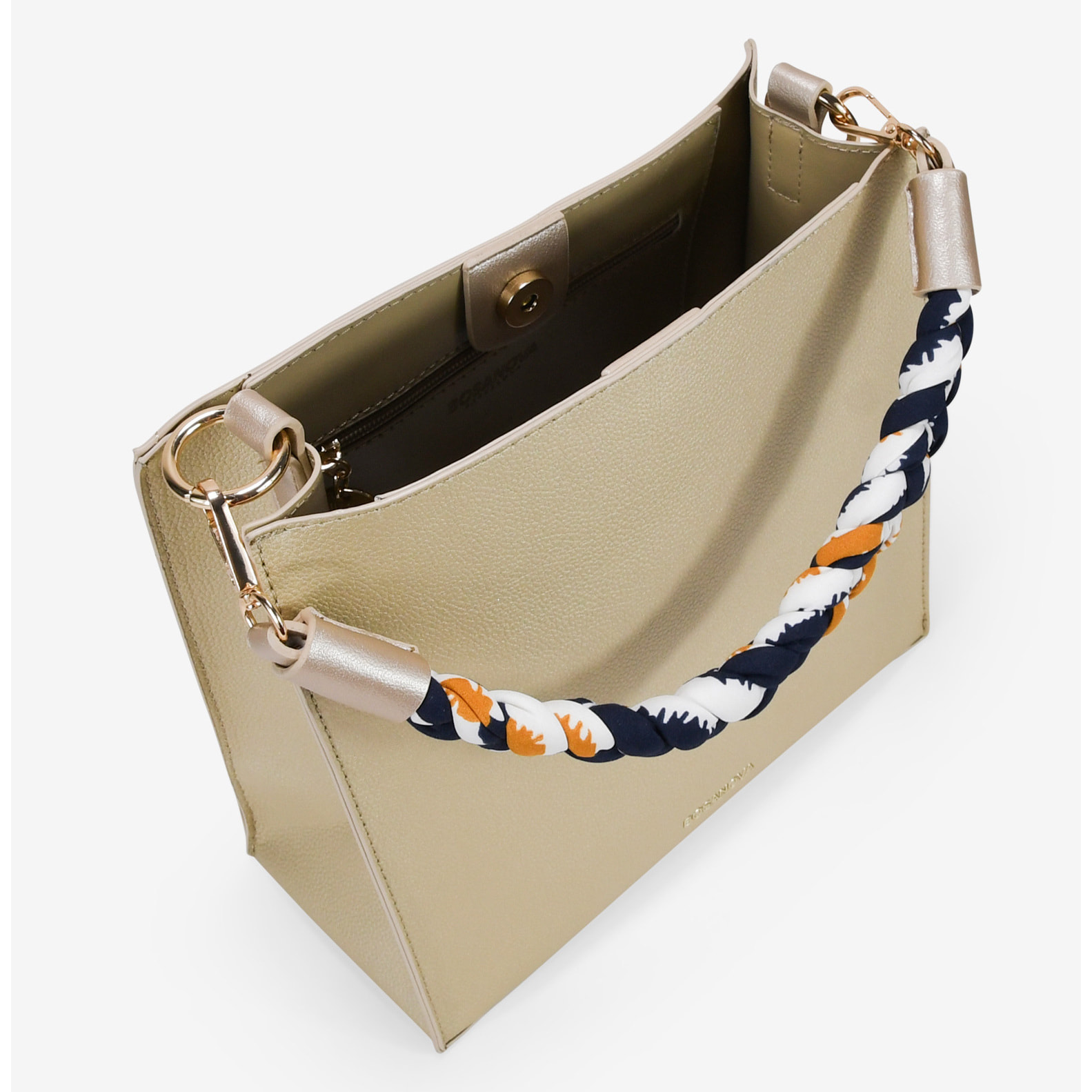 Bolso cuadrado dorado con asa de pañuelo