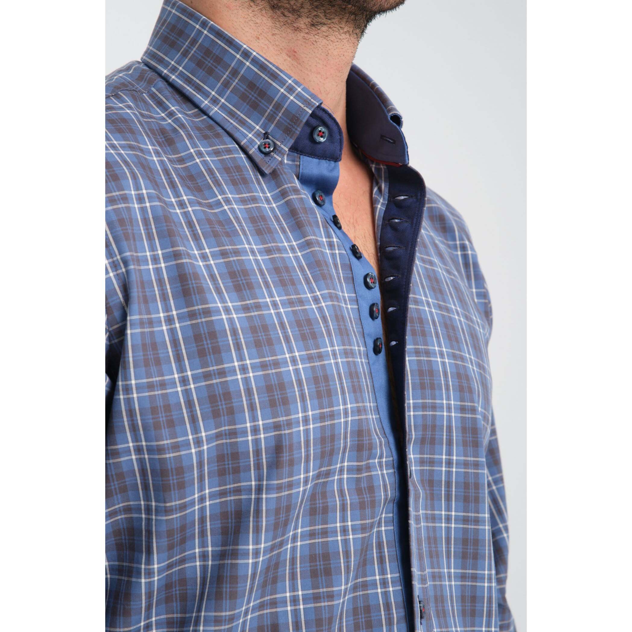 Camicia Uomo 1 Bottoni Button Down Slim Oxford Quadro Medio Blu/Blu Avion