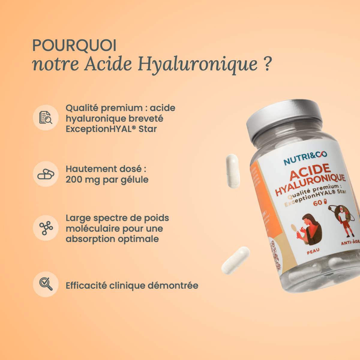 Nutri&Co Acide Hyaluronique Onagre & Bourrache Peau et Anti-Âge - 60 gélules