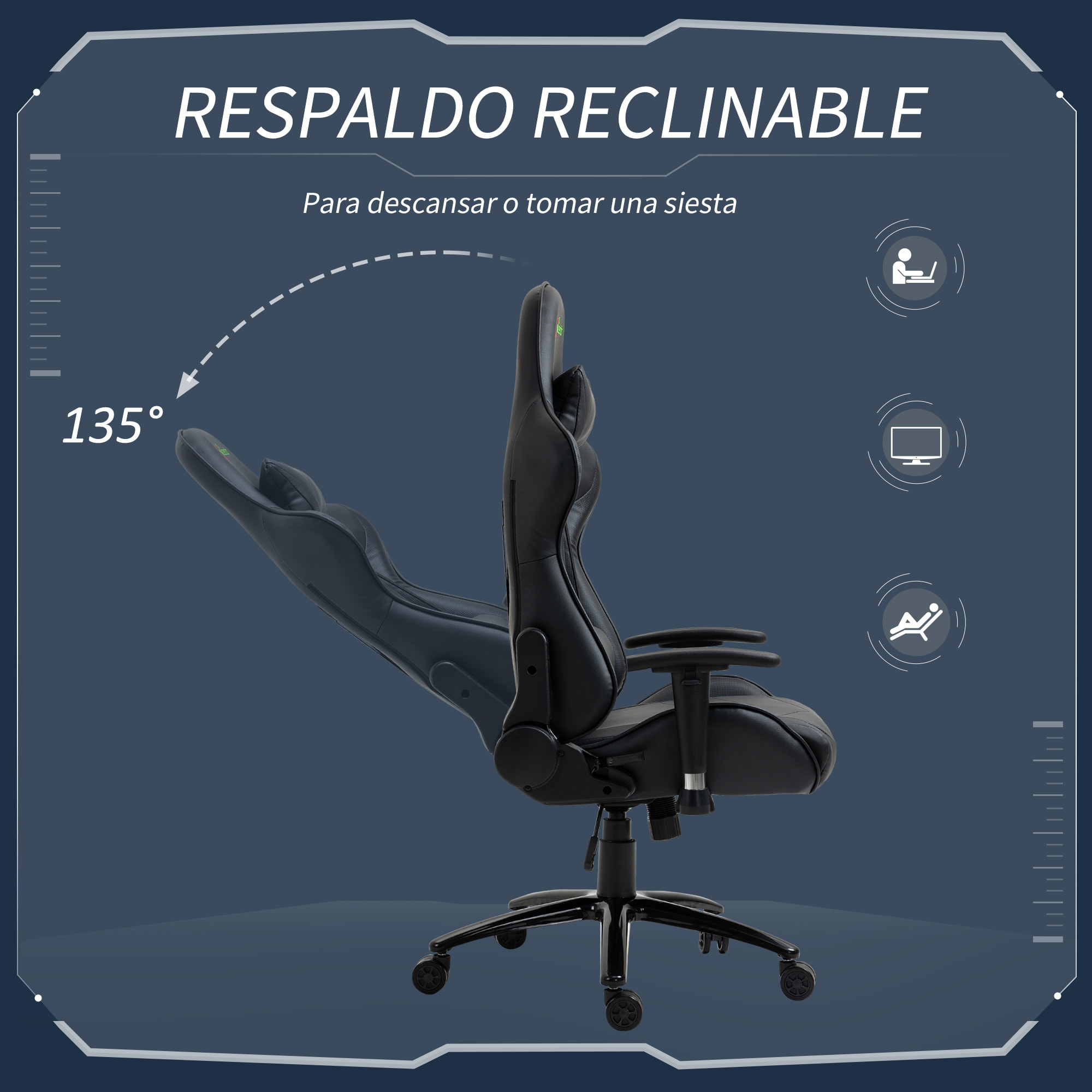 Vinsetto Silla Gaming Ergonómica Silla de Escritorio Giratoria Reclinable Altura Ajustable con reposabrazos 2D Regulable Reposacabezas y Cojín Lumbar Cuero Sintético 73x71x128-136 cm Negro