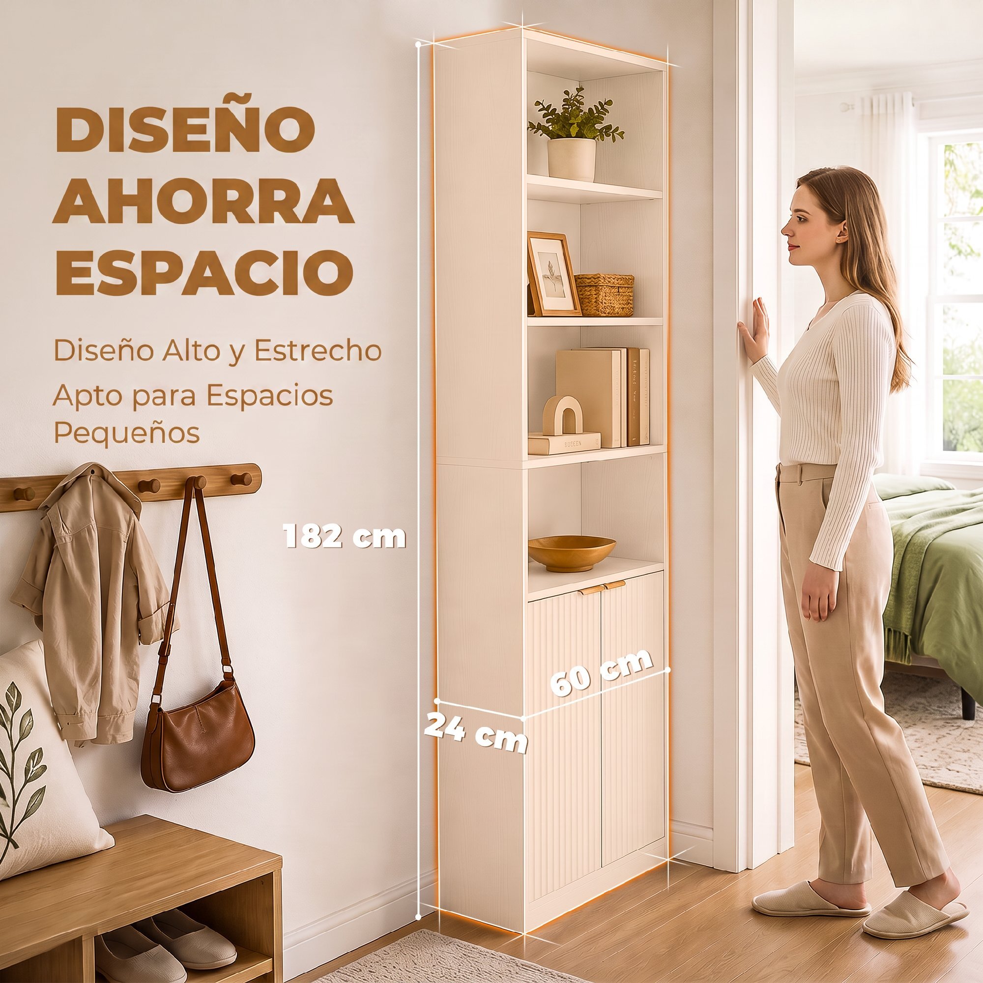 Estantería para Libros Alta y Estrecha, Librería de 6 Niveles con 4 Compartimentos Abiertos, Estante Ajustable, Cierres Magnéticos, Armario para Salón, Estudio, Oficina, 60x24x182 cm, Blanco