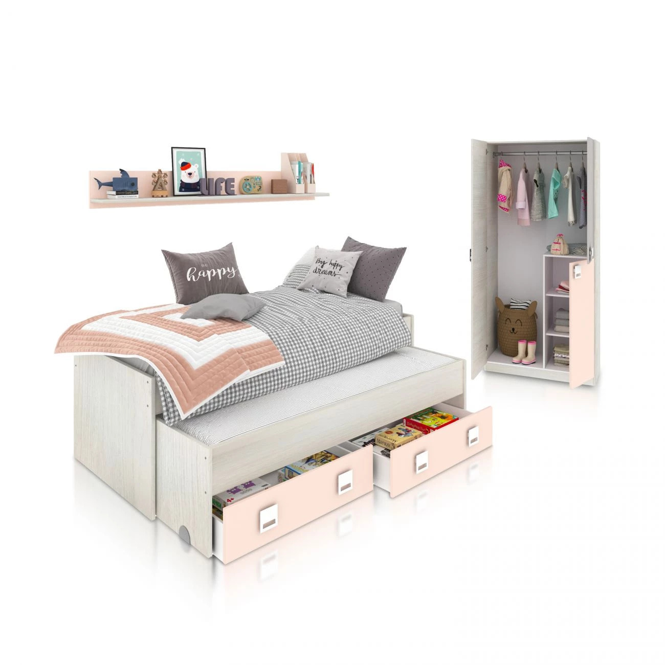 Dormitorio juvenil Kenia Plus Blanco Alpes - Rosa y Gris