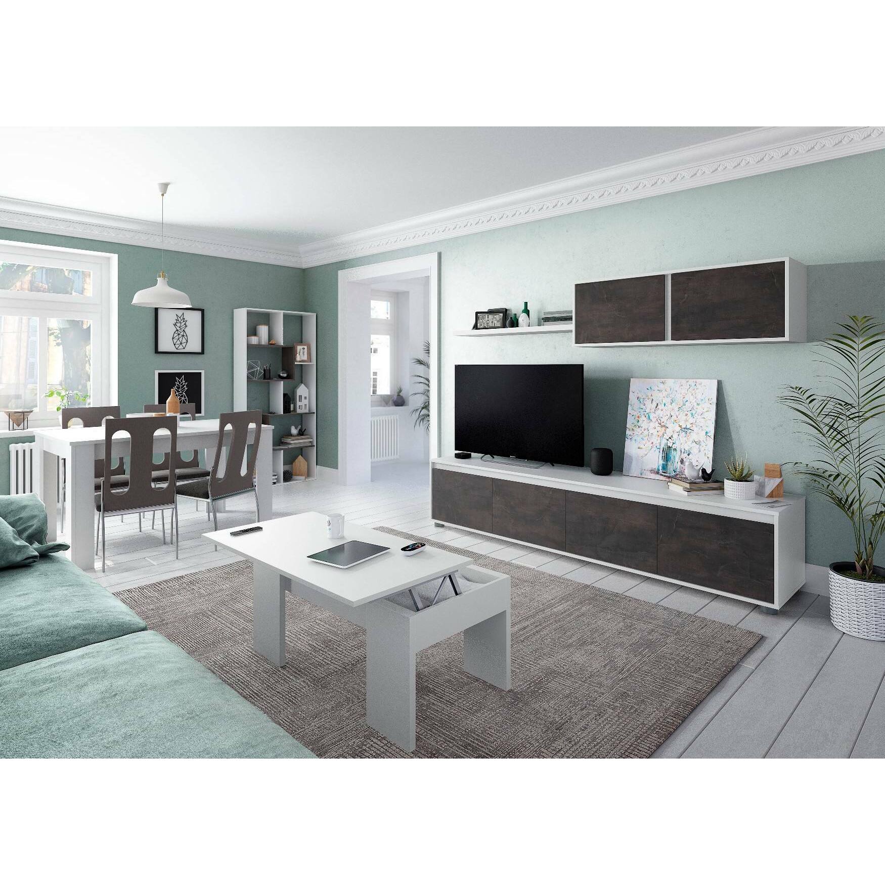Parete attrezzata Amir, Mobile da soggiorno porta TV, Composizione set salotto, Set salotto con pensile, 200x41h43 cm, Bianco e Ossido