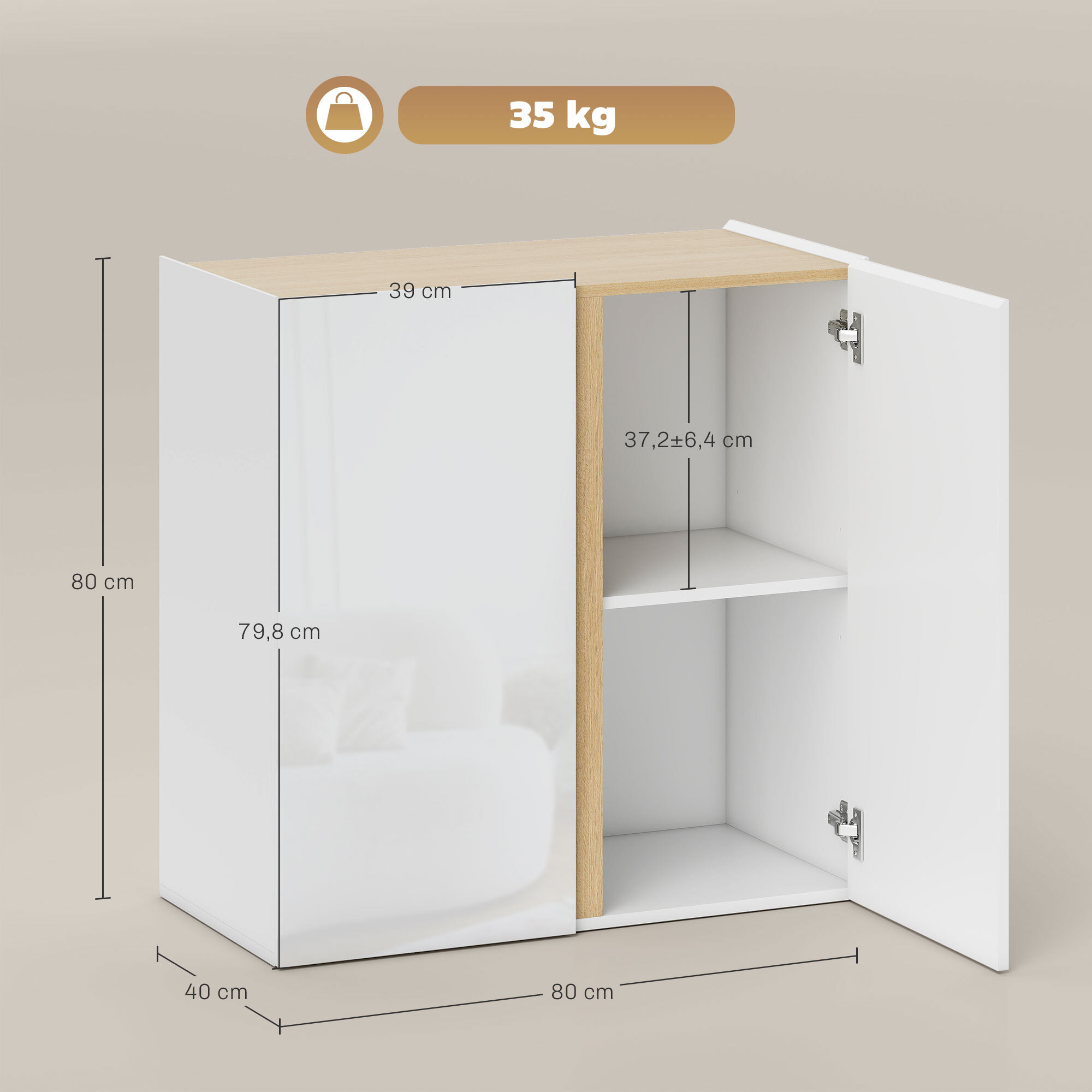 Buffet blanc laqué, meuble de rangement avec 2 portes et étagère réglable, 80 x 40 x 80 cm, blanc