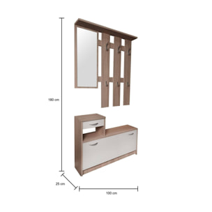 Mobile da ingresso con specchiera, entratina per atrio con scarpiera, Svuotatasche per piccoli appartamenti, cm 100x25h180, colore Bianco e Rovere