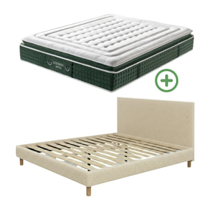 Ensemble matelas Jade & lit fixe Colisée | Mémoire de forme et ressorts ensachés | cadre à lattes | Velours côtelé | Beige
