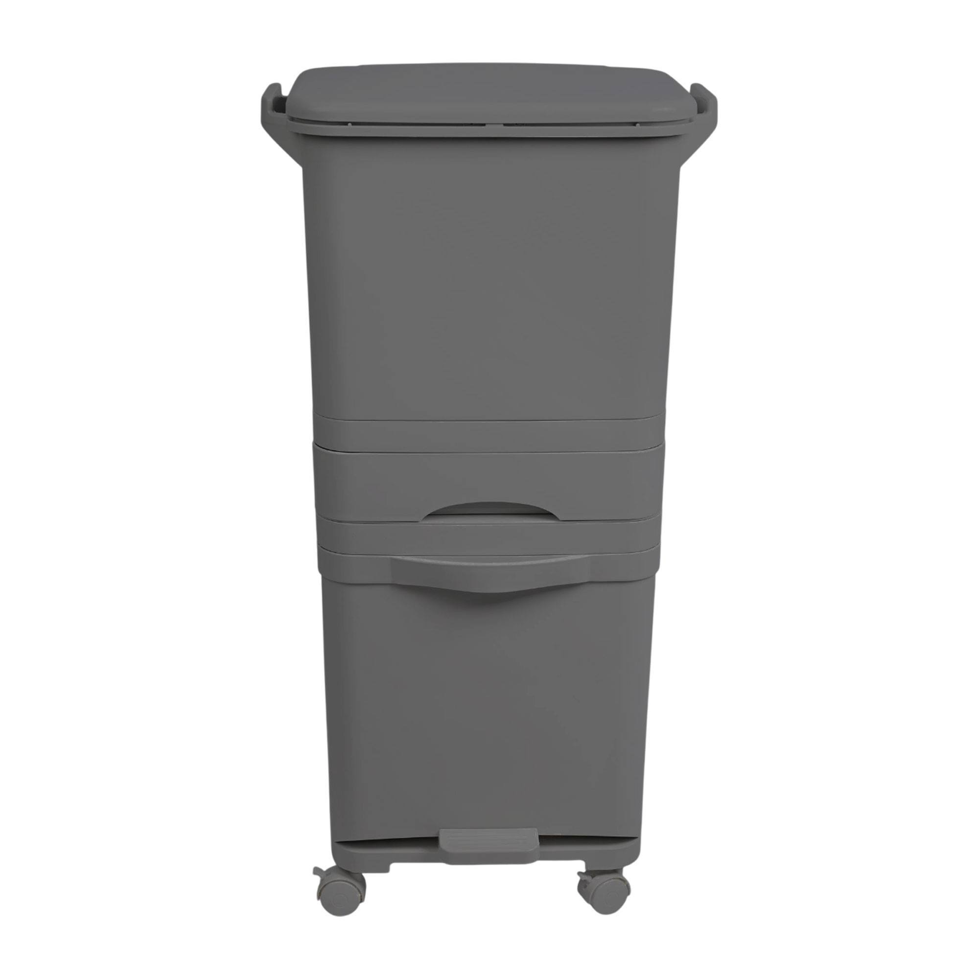Papelera de reciclaje de clasificación selectiva con pedal, ruedas y asa de triple compartimento color negro antracita de 42l (24l + 4l + 14l)