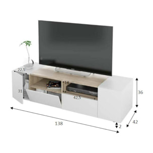 Mobile porta TV Topeka, Credenza per televisione da soggiorno, Supporto per TV moderno, Credenza bassa multiuso, cm 138x42h36, Bianco e Rovere