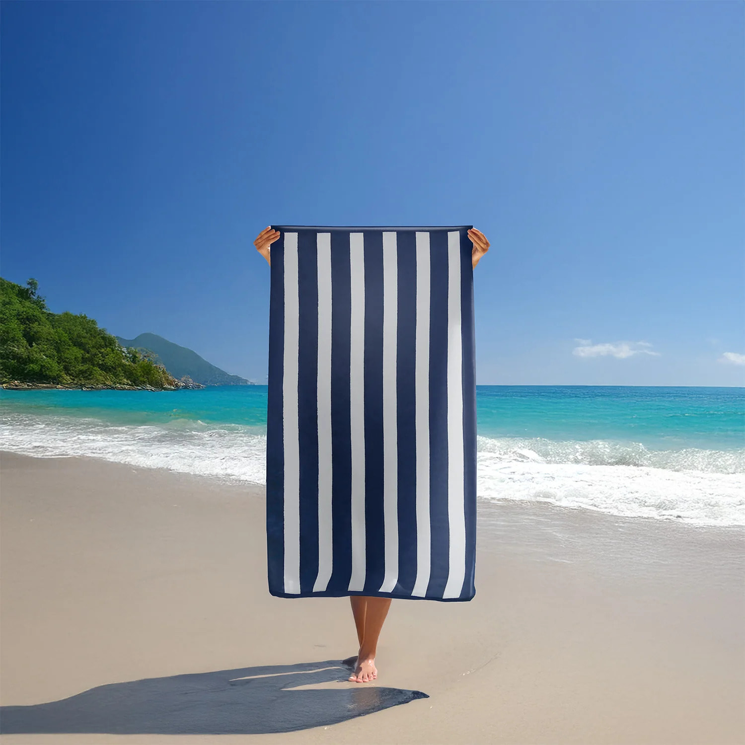 Serviette de plage éponge velours Jacquard - Bahia Bleu Marine - 100x175cm - 470g/m²