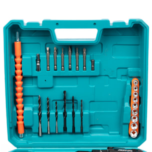 Trapano elettrico senza fili a doppia velocità, motore senza spazzole, valigetta di trasporto e 24 accessori. 2 batterie da 6500 mAh.