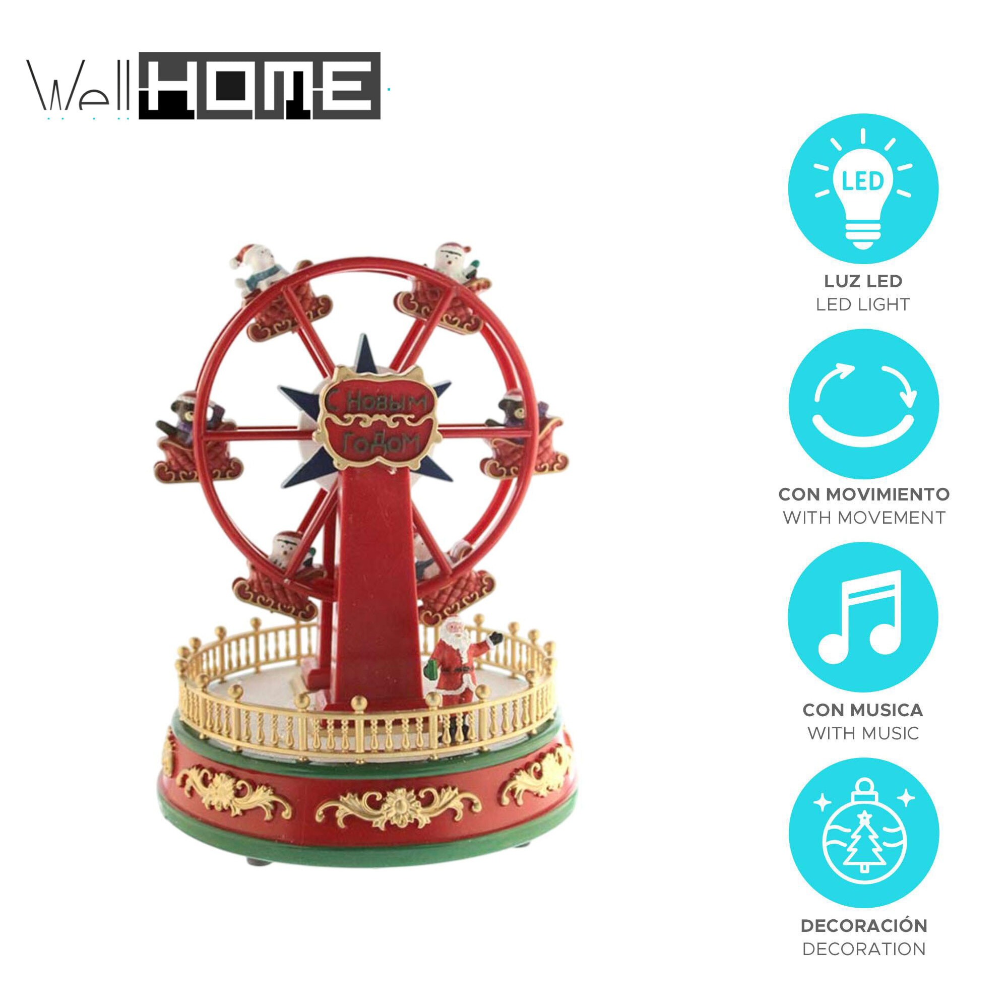 Noria santa decorativo navideño con movimiento, luces led y música