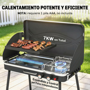 Barbacoa de Gas Portátil 2 en 1, Barbacoa de Gas Propano 7 kW de Mesa o de Pie con Plancha Grande, Patas Desmontables, Protectores de Viento, para Picnic, Camping, Negro
