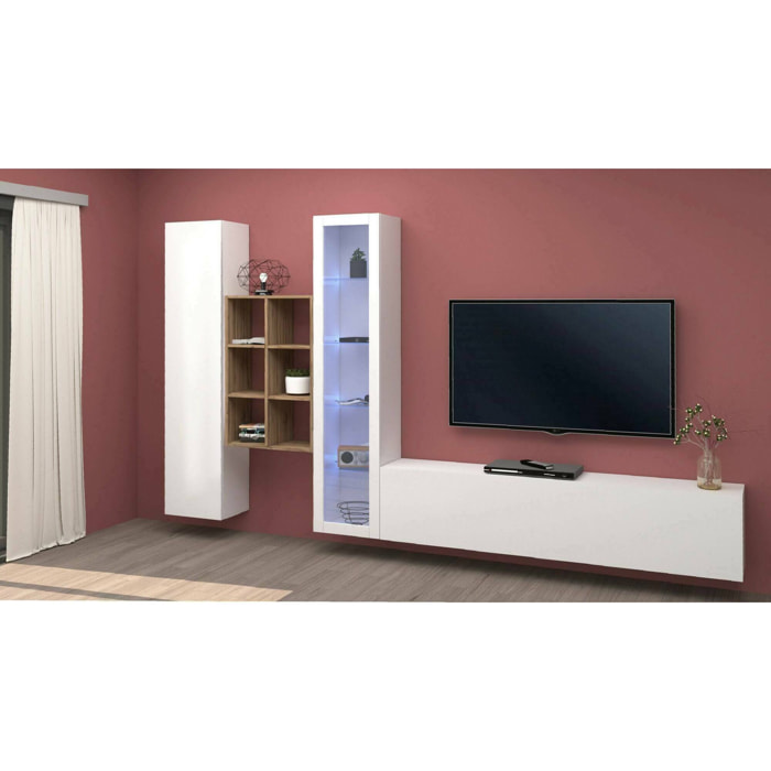 Parete attrezzata Eugenio, Set salotto porta TV a 3 ante, Mobile soggiorno multiuso con vetrina e luce LED, 100% Made in Italy, cm 320x30h180, Bianco lucido