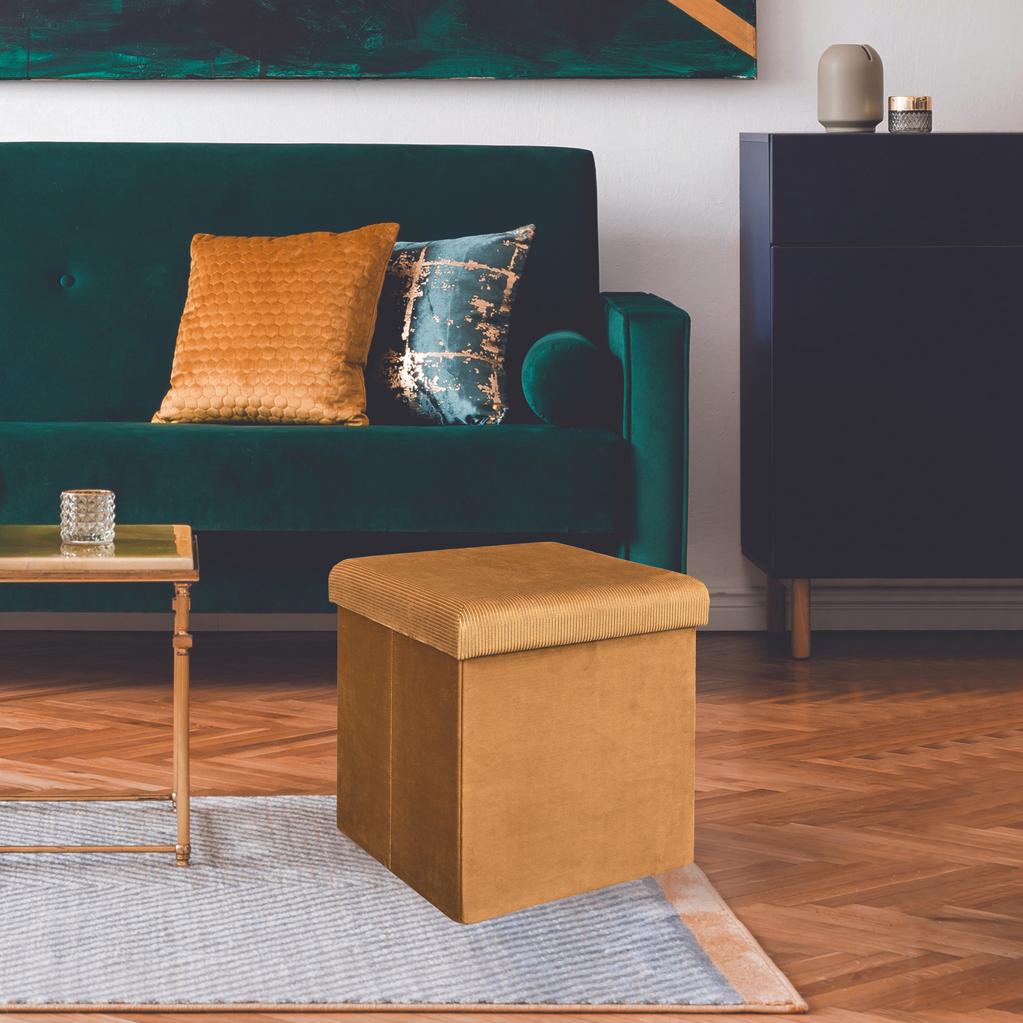 Coffre Pouf Pliable Velours Cotele Giulia Jaune