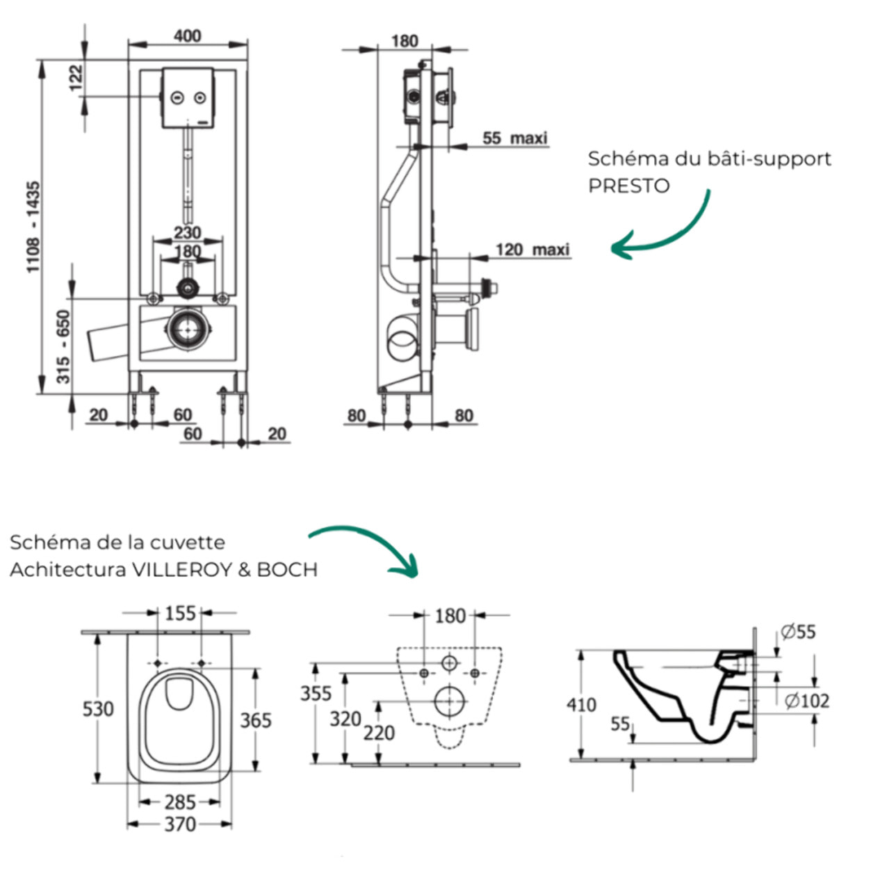 Pack WC suspendu sans bride VILLEROY&BOCH Architectura Twistflush rectangle + Abattant + Bâti-support autoportant PRESTO + Plaque