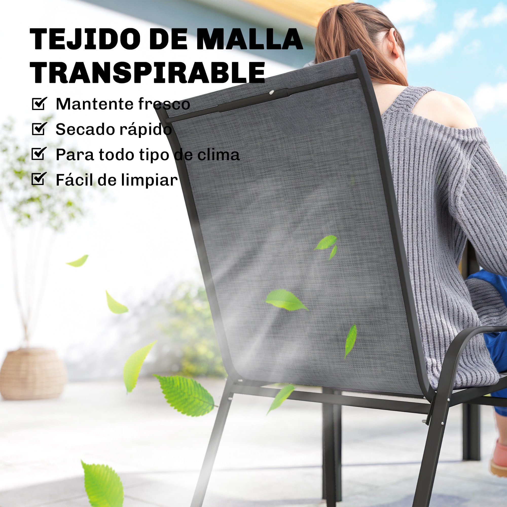 Conjunto de Mesa y Sillas Jardín de 7 Piezas, Muebles Jardín Exterior con Mesa Metálica Efecto Madera con Agujero, 6 Sillas Apilables Transpirables, Marco de Acero Resistente, Gris Mixto