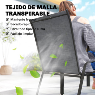 Conjunto de Mesa y Sillas Jardín de 7 Piezas, Muebles Jardín Exterior con Mesa Metálica Efecto Madera con Agujero, 6 Sillas Apilables Transpirables, Marco de Acero Resistente, Gris Mixto
