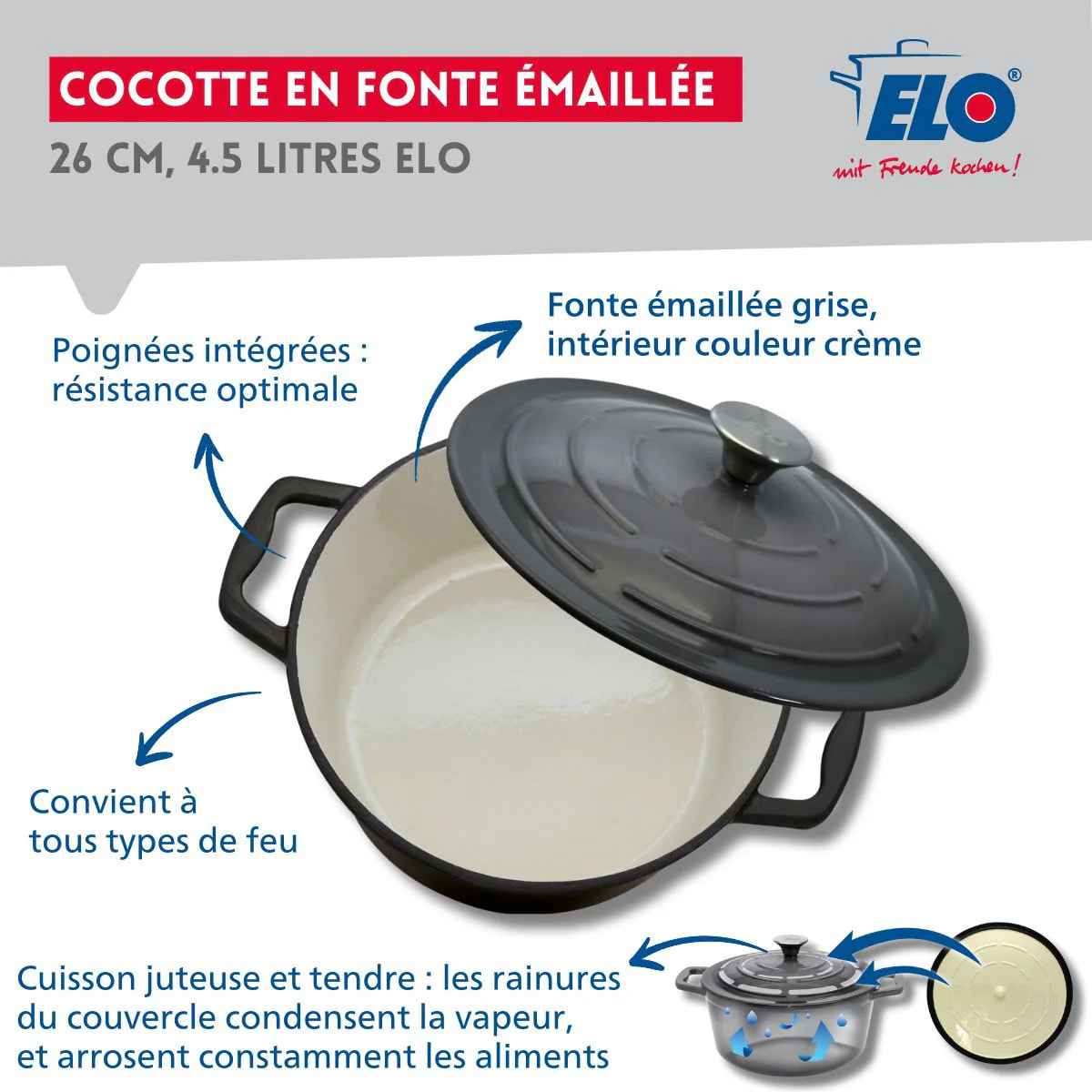 Cocotte 26 cm en fonte émaillée gris classique 4.5 L Elo