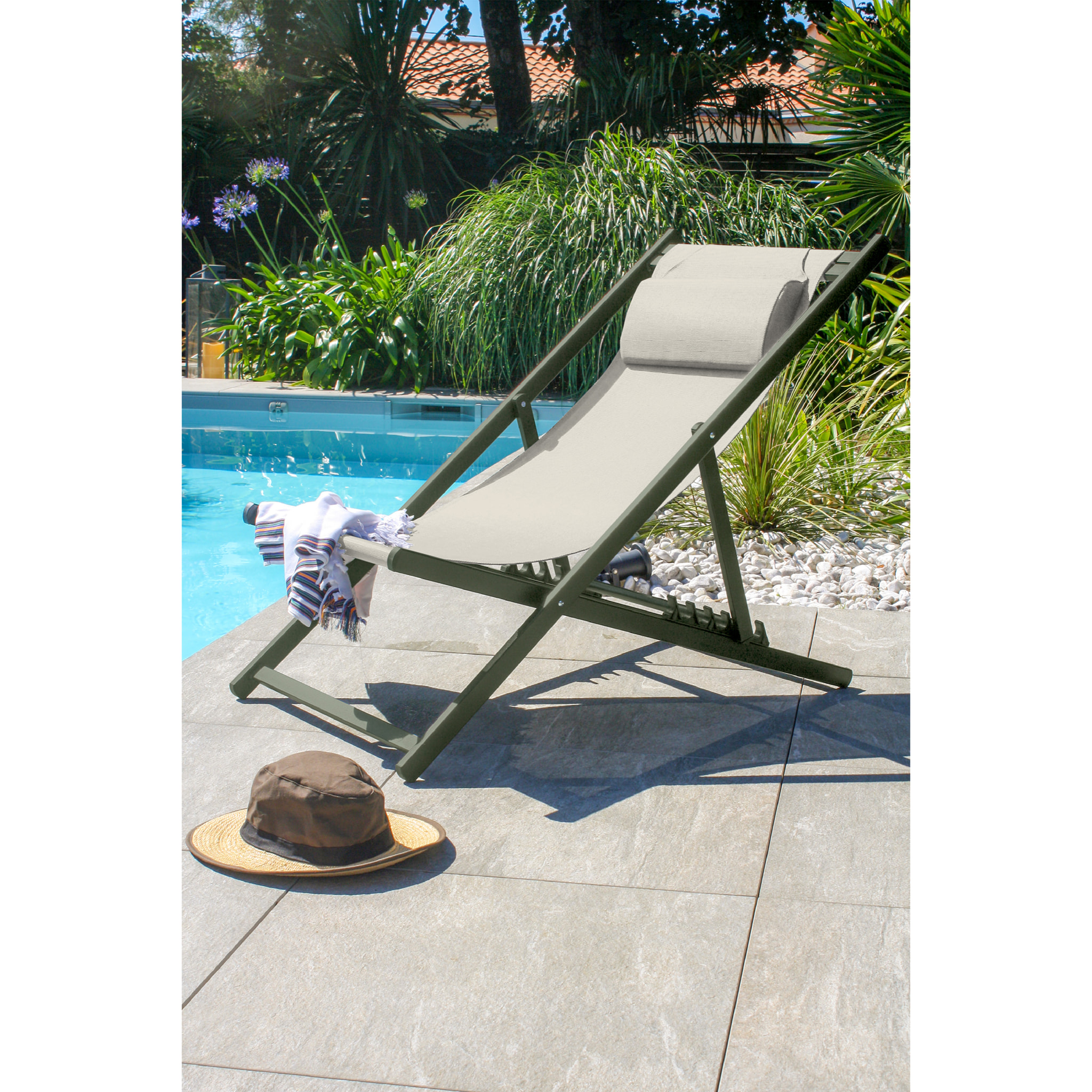 JULIA - Lot de 2 chiliennes de jardin en toile plastifiée et aluminium kaki
